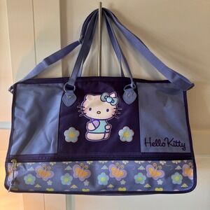 Hello Kitty Duffle Bag Purple & Blue Butterfly Flowers Travel Weekend Carry On